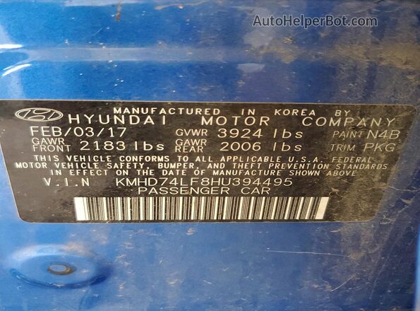 KMHD74LF8HU394495 2017 HYUNDAI ELANTRA Blue Widok komory silnika