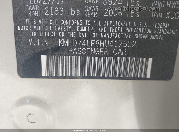KMHD74LF8HU417502 2017 HYUNDAI ELANTRA Серый Вид подкапотного пространства