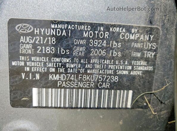 KMHD74LF8KU757238 2019 HYUNDAI ELANTRA Gray Vista del compartimento del motor
