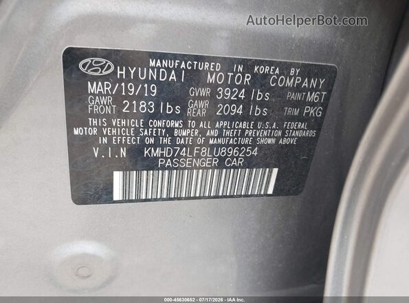 KMHD74LF8LU896254 2020 HYUNDAI ELANTRA Бежевый Вид подкапотного пространства
