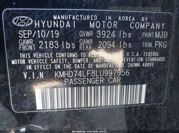 KMHD74LF8LU997956 2020 HYUNDAI ELANTRA Black Շարժիչի բաժամունքի տեսք
