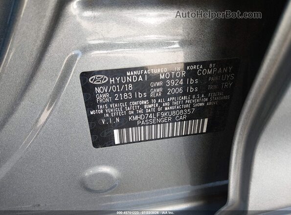 KMHD74LF9KU808357 2019 HYUNDAI ELANTRA Серый Вид подкапотного пространства