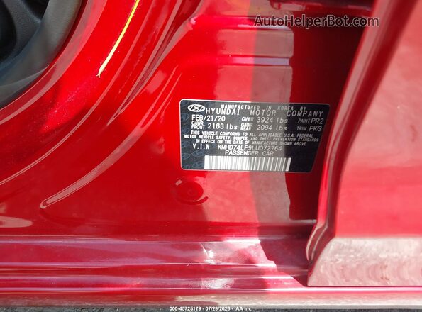 KMHD74LF9LU072764 2020 HYUNDAI ELANTRA Красный Вид подкапотного пространства