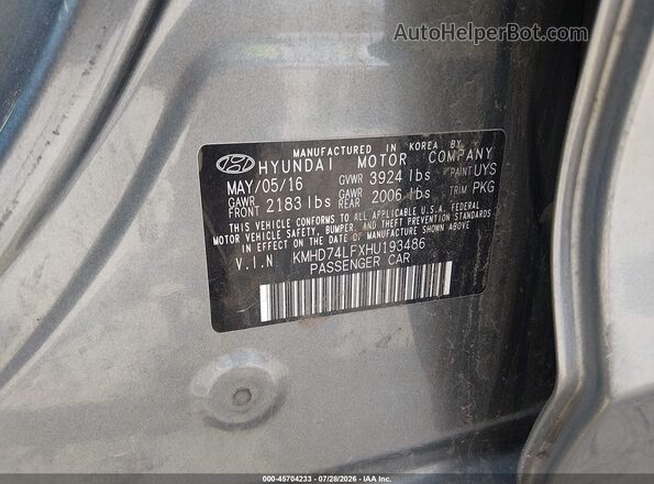 KMHD74LFXHU193486 2017 HYUNDAI ELANTRA Gray Widok komory silnika