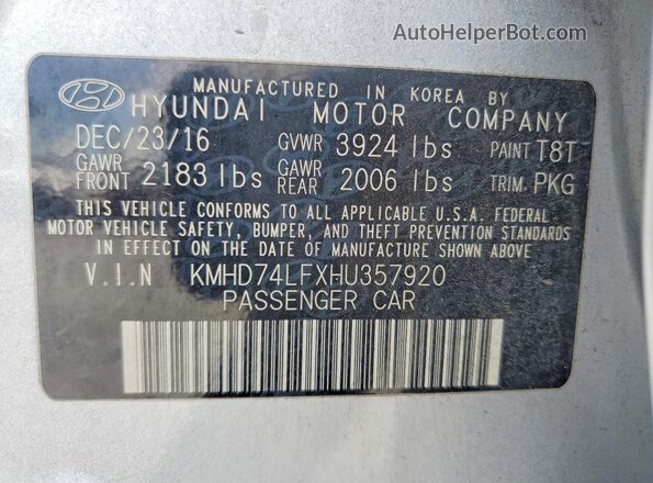 KMHD74LFXHU357920 2017 HYUNDAI ELANTRA Silver VIN კოდის სტიკერის ხედი