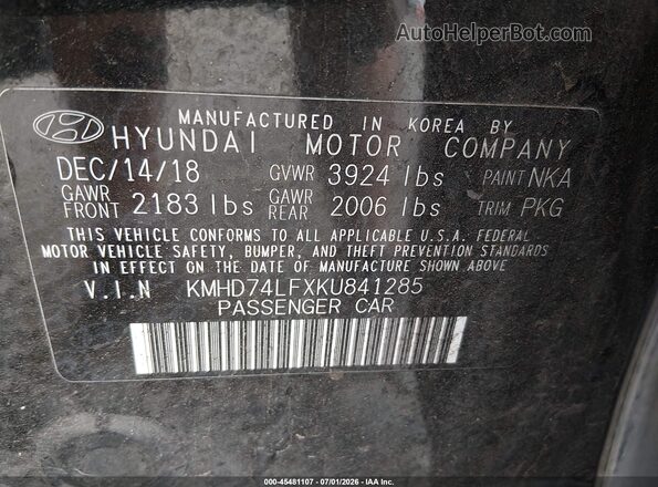 KMHD74LFXKU841285 2019 HYUNDAI ELANTRA Black ძრავის განყოფილების ხედი