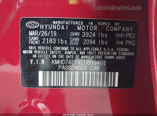 KMHD74LFXLU899401 2020 HYUNDAI ELANTRA Красный Вид подкапотного пространства