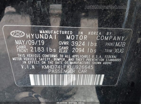 KMHD74LFXLU926645 2020 HYUNDAI ELANTRA Black Widok komory silnika