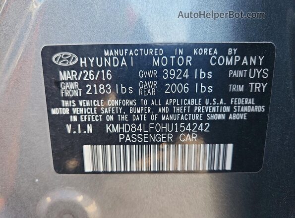 KMHD84LF0HU154242 2017 HYUNDAI ELANTRA Gray ძრავის განყოფილების ხედი