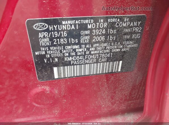 KMHD84LF0HU178041 2017 HYUNDAI ELANTRA Red Vista del compartimento del motor