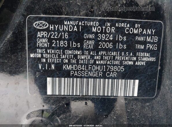 KMHD84LF0HU179805 2017 HYUNDAI ELANTRA Black Vista del compartimento del motor