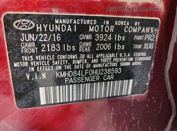 KMHD84LF0HU238593 2017 HYUNDAI ELANTRA Red Vista del compartimento del motor