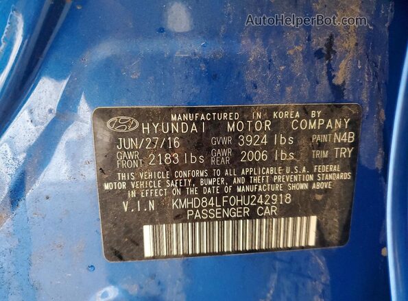KMHD84LF0HU242918 2017 HYUNDAI ELANTRA Blue Vista del compartimento del motor