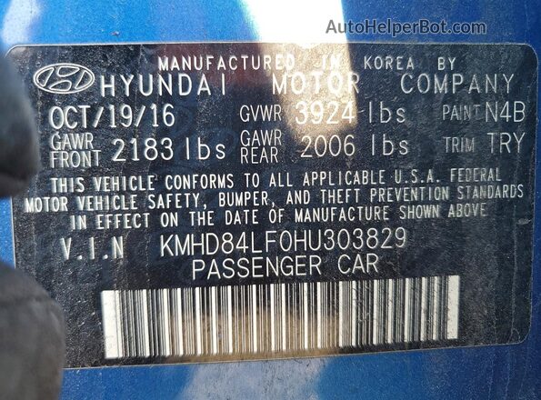 KMHD84LF0HU303829 2017 HYUNDAI ELANTRA Blue Engine compartment view