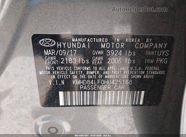 KMHD84LF0HU425168 2017 HYUNDAI ELANTRA Gray Vista del compartimento del motor