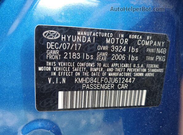 KMHD84LF0JU612447 2018 HYUNDAI ELANTRA Blue Вид підкапотного простору