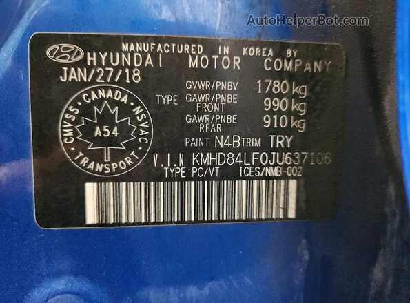 KMHD84LF0JU637106 2018 HYUNDAI ELANTRA Blue Vista de la etiqueta del VIN