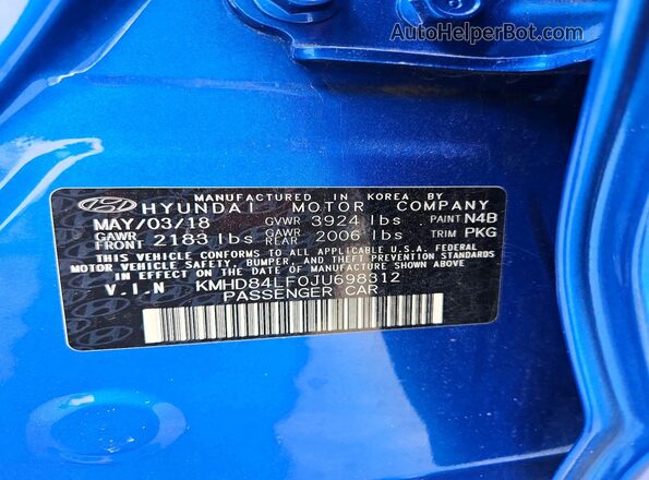 KMHD84LF0JU698312 2018 HYUNDAI ELANTRA Blue Engine compartment view