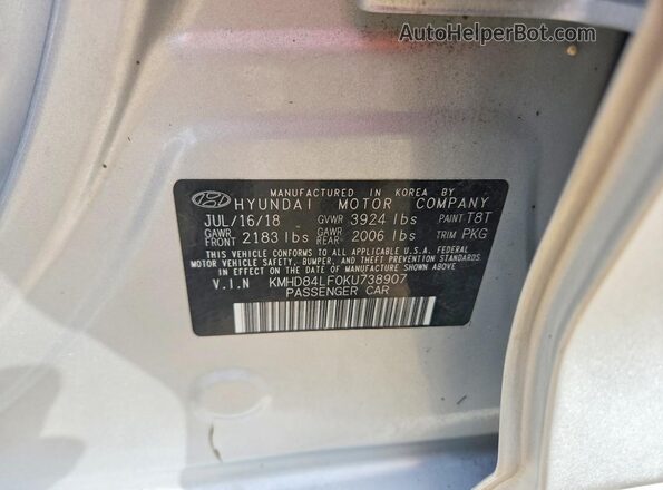 KMHD84LF0KU738907 2019 HYUNDAI ELANTRA Silver VIN კოდის სტიკერის ხედი
