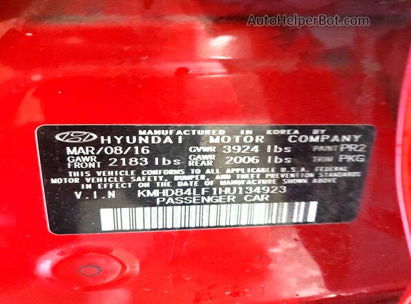KMHD84LF1HU134923 2017 HYUNDAI ELANTRA Red VIN კოდის სტიკერის ხედი