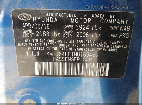KMHD84LF1HU165489 2017 HYUNDAI ELANTRA Blue Engine compartment view