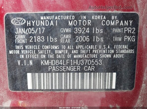 KMHD84LF1HU370553 2017 HYUNDAI ELANTRA Red ძრავის განყოფილების ხედი