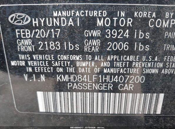 KMHD84LF1HU407200 2017 HYUNDAI ELANTRA Black Vista del compartimento del motor