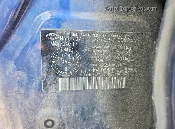 KMHD84LF1JU480802 2018 HYUNDAI ELANTRA Blue Widok naklejki z numerem VIN
