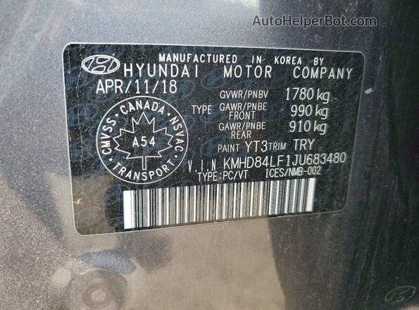 KMHD84LF1JU683480 2018 HYUNDAI ELANTRA Gray VIN կոդի պիտակի տեսք