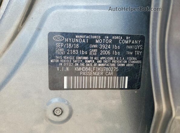 KMHD84LF1KU780275 2019 HYUNDAI ELANTRA Gray Vista del compartimento del motor
