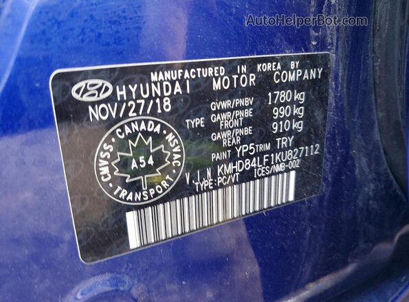 KMHD84LF1KU827112 2019 HYUNDAI ELANTRA Blue Շարժիչի բաժամունքի տեսք
