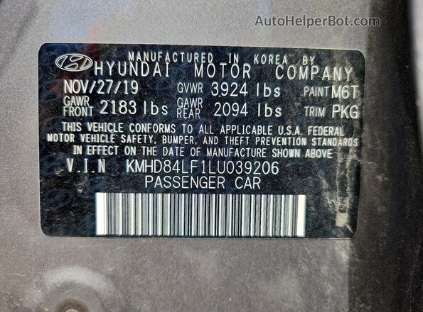 KMHD84LF1LU039206 2020 HYUNDAI ELANTRA Серый Вид подкапотного пространства