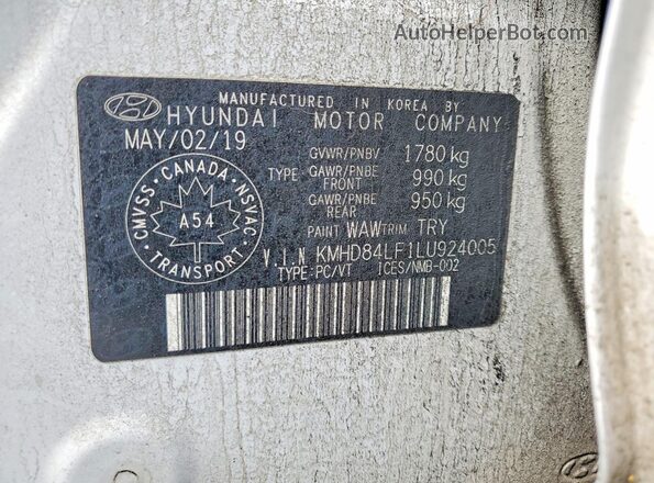 KMHD84LF1LU924005 2020 HYUNDAI ELANTRA White Вид наклейки з VIN-кодом