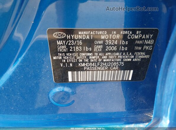 KMHD84LF2HU208575 2017 HYUNDAI ELANTRA Blue ძრავის განყოფილების ხედი