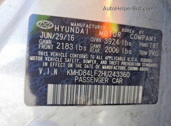 KMHD84LF2HU243360 2017 HYUNDAI ELANTRA Silver Vista del compartimento del motor