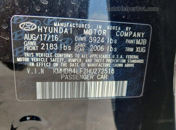 KMHD84LF2HU272518 2017 HYUNDAI ELANTRA Black Widok naklejki z numerem VIN