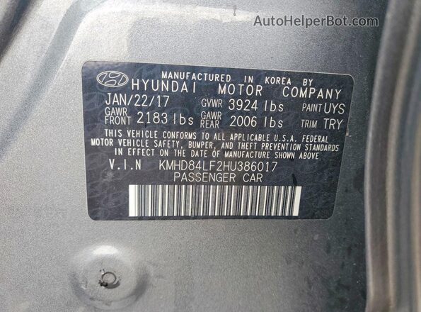 KMHD84LF2HU386017 2017 HYUNDAI ELANTRA Gray ძრავის განყოფილების ხედი