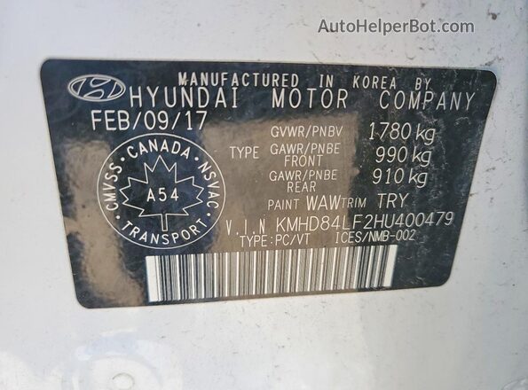 KMHD84LF2HU400479 2017 HYUNDAI ELANTRA Белый Вид подкапотного пространства