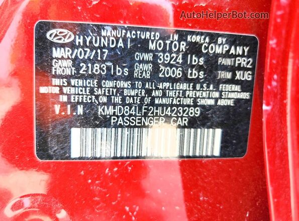 KMHD84LF2HU423289 2017 HYUNDAI ELANTRA Red ძრავის განყოფილების ხედი