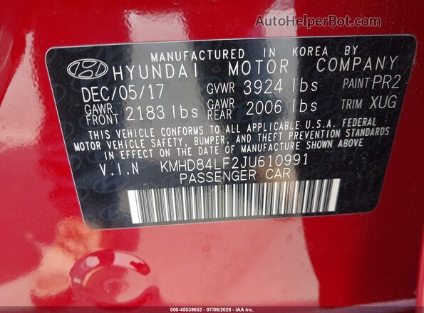 KMHD84LF2JU610991 2018 HYUNDAI ELANTRA Maroon Engine compartment view