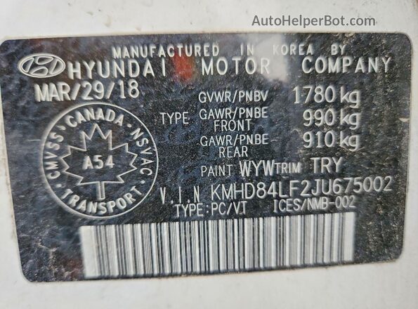KMHD84LF2JU675002 2018 HYUNDAI ELANTRA White Vista del compartimento del motor