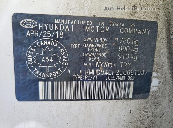 KMHD84LF2JU691037 2018 HYUNDAI ELANTRA White VIN sticker view