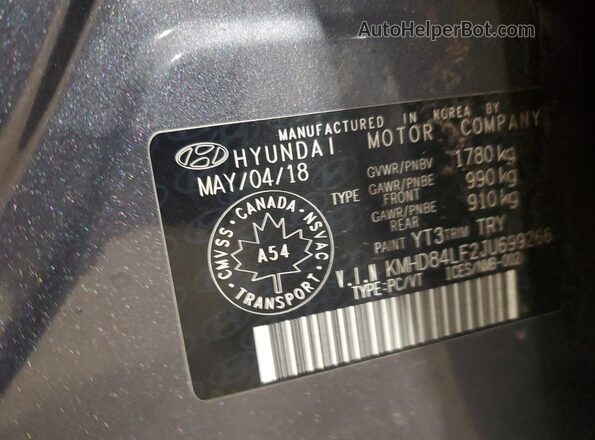 KMHD84LF2JU699266 2018 HYUNDAI ELANTRA Gray Вид наклейки з VIN-кодом