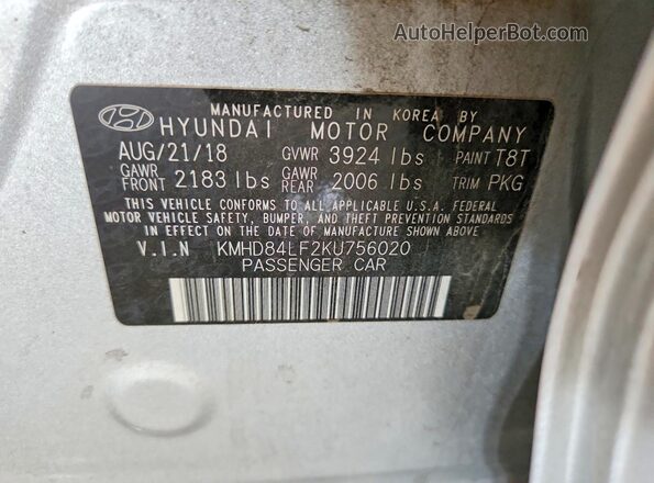KMHD84LF2KU756020 2019 HYUNDAI ELANTRA Silver Engine compartment view