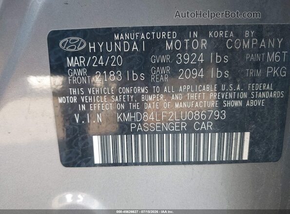 KMHD84LF2LU086793 2020 HYUNDAI ELANTRA Gray ძრავის განყოფილების ხედი