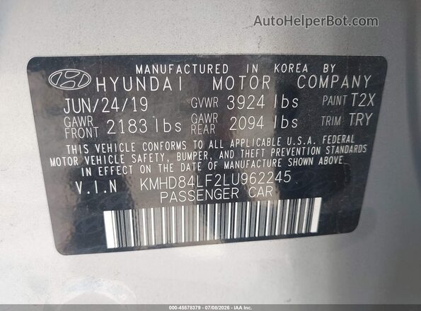 KMHD84LF2LU962245 2020 HYUNDAI ELANTRA Серебряный Вид подкапотного пространства
