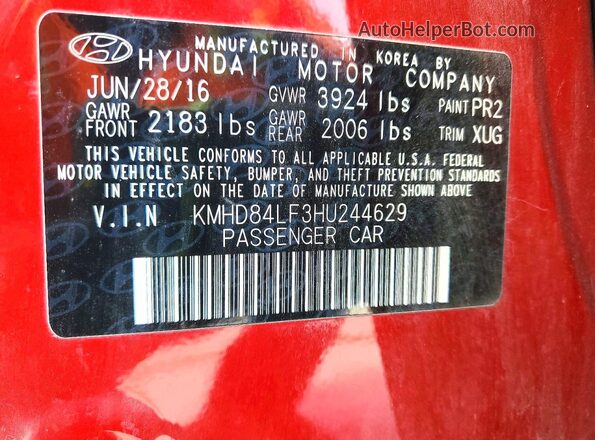 KMHD84LF3HU244629 2017 HYUNDAI ELANTRA Красный Вид подкапотного пространства