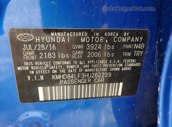 KMHD84LF3HU262239 2017 HYUNDAI ELANTRA Blue Vista del compartimento del motor