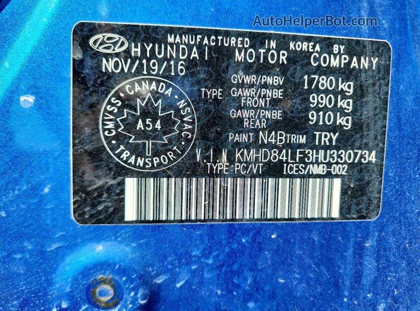 KMHD84LF3HU330734 2017 HYUNDAI ELANTRA Blue ძრავის განყოფილების ხედი