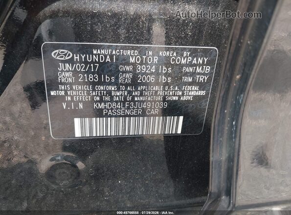 KMHD84LF3JU491039 2018 HYUNDAI ELANTRA Black Engine compartment view